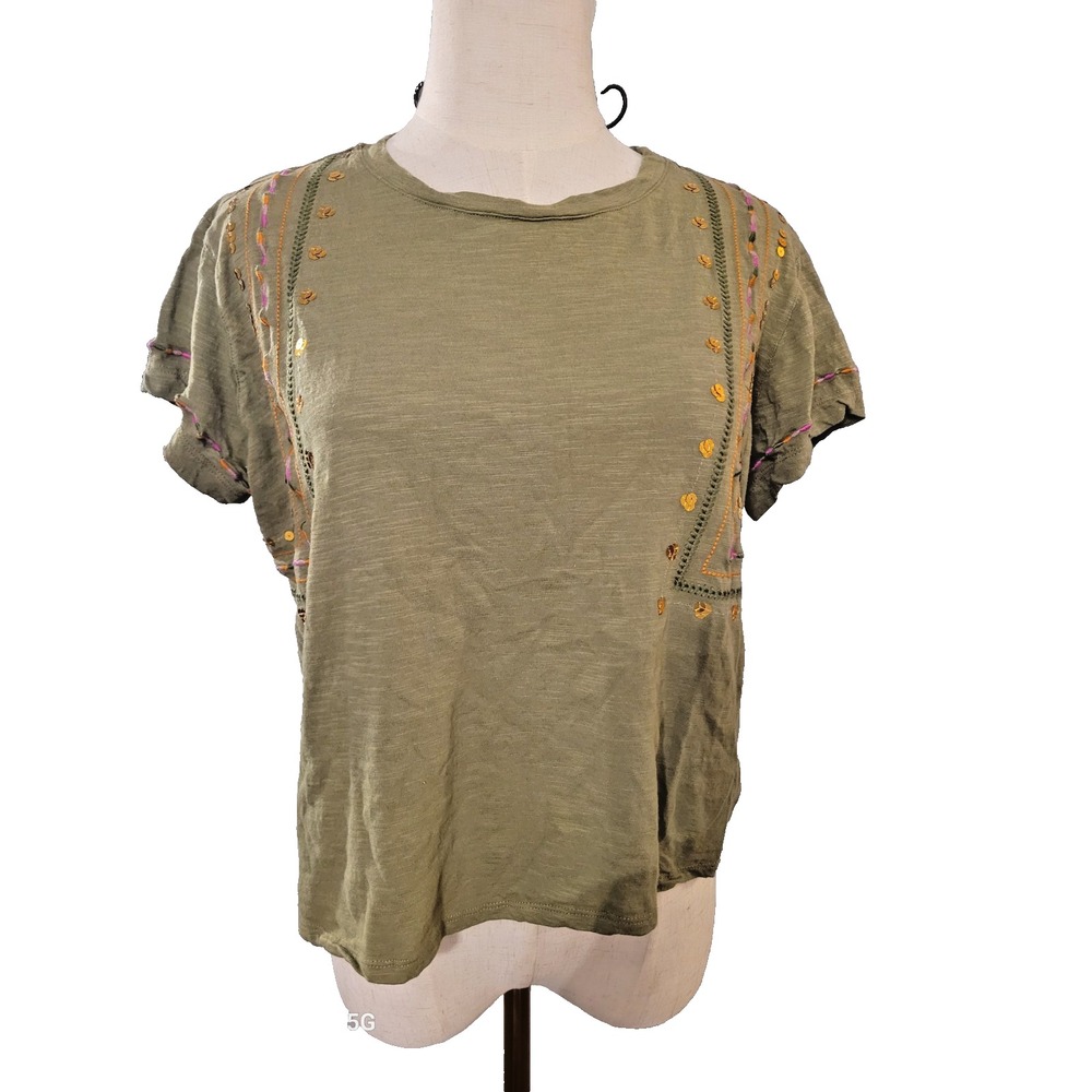 Truself Womens Green Boho Indie SZ M Short Sleeve Sparkle Embellished Blouse Top